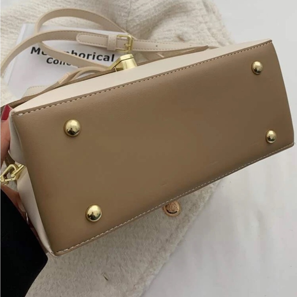 Cream Beige Two Tone Bag with Strap and Gold Clasp - Picture 4 of 7